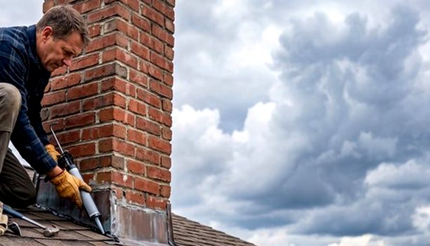 Sealant bead laid along chimney flashing