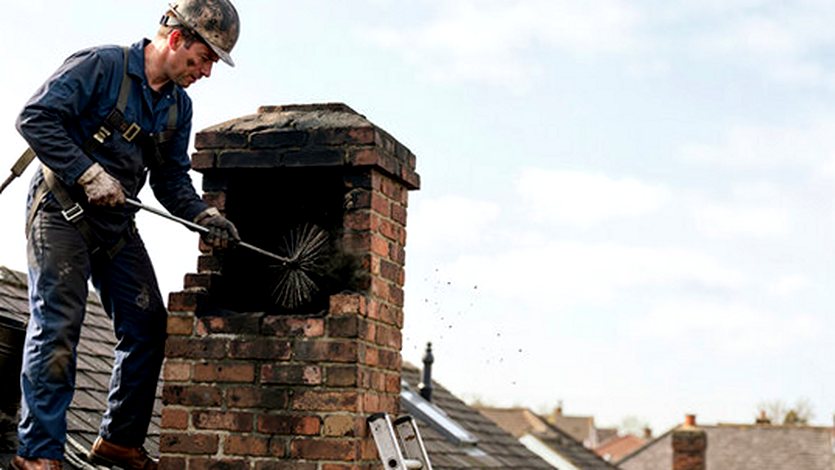 Sweep working rods on a chimney from the roof ladder